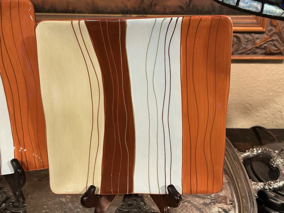 (2) Pier 1 Imports-8.75” Sq Salad/Luncheon Plates-CANYON STRIPE-NEW-Hand Painted - Image 2 of 4