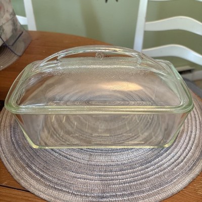 Vintage Westinghouse Clear Glass Loaf Pan Refrigerator Dish w Curved Handle Lid