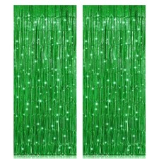 2 Pack 3.2ft x 8.2ft Green Foil Fringe Curtain, Metallic Tinsel Foil Fringe R...