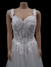 White A-Line Tulle Wedding Dress Lace Applique V-Neck Sleeveless Corset Back