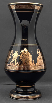 Fakiolas Griechische Vase Schwarz 24K Gold Handarbeit Antike Mythologie ca 23cm
