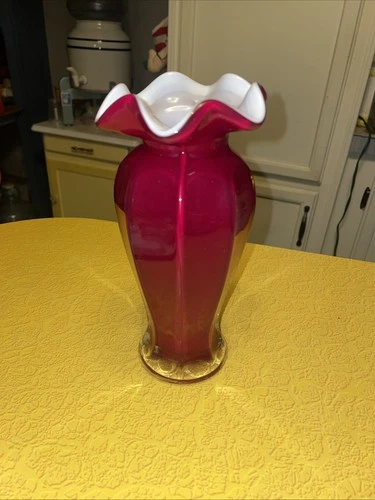 Vintage  8"Vase Cased Glass Ruffle Red White  Fenton MCM