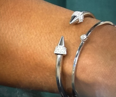 #ad HSN Bracelet Silver Bangle Cuff Hinged 2 Pc Crystal Accent Large 8” New Gift Box $14.98