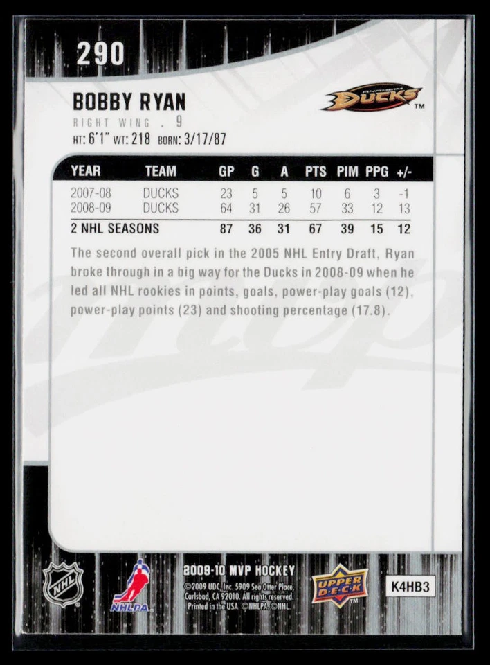 2009-10 Upper Deck MVP #290 Bobby Ryan - Image 2 of 2