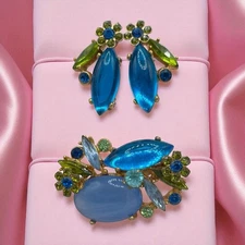 VTG Juliana Blue Cab Art Glass UV Marquise Flower Rhinestone brooch Earrings set