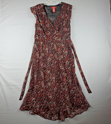 Y2K Sangria Midi Dress Fit & Flair Multi-Color Faux Wrap Cap Sleeve Size 12