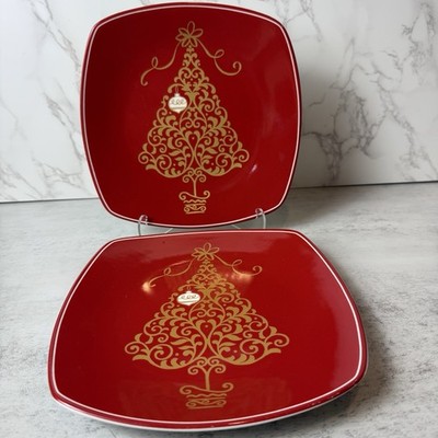 Set of 2 Square Salad Plates ''Golden Tree'' by 222 Fifth 8'' Red with White Bell
