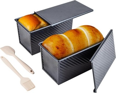 Bread Loaf Pan 2 Pack 9x4 Pullman Loaf Pan W/ lid & a Silicone Spatula & Basting