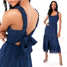 Lulus Dreamy Weekend Navy Blue Burnout Striped Lurex Midi Dress XS