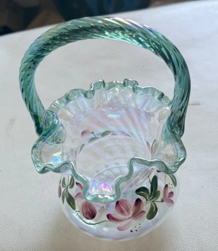 Fenton Art Glass hand painted  90 years anniversary  basket, sugned