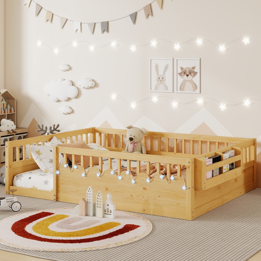 W High Rails Wood Floor Beds W Light And Storage Shelf