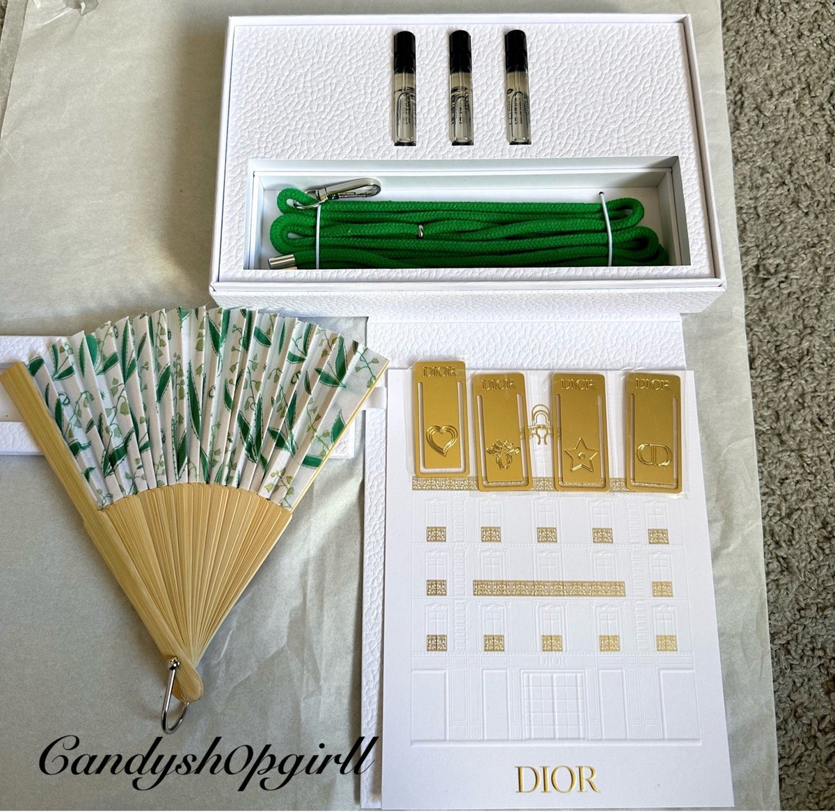 2PC Dior Lily Of The Valley Folding Fan/Strap/Lucky EDP 2ml/Dior