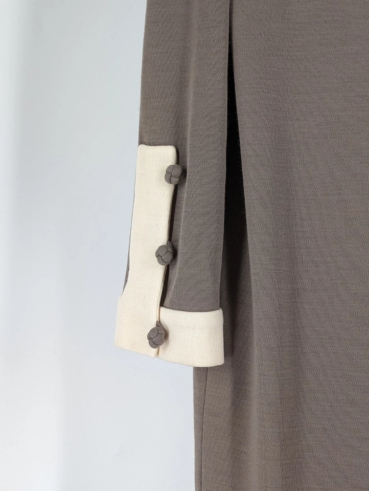 Vestido Bill Blass Vintage Años 70 80 Pasarela Tejido Mod Color Arte Marrón Cuello Mandarín Foto 4 de 4