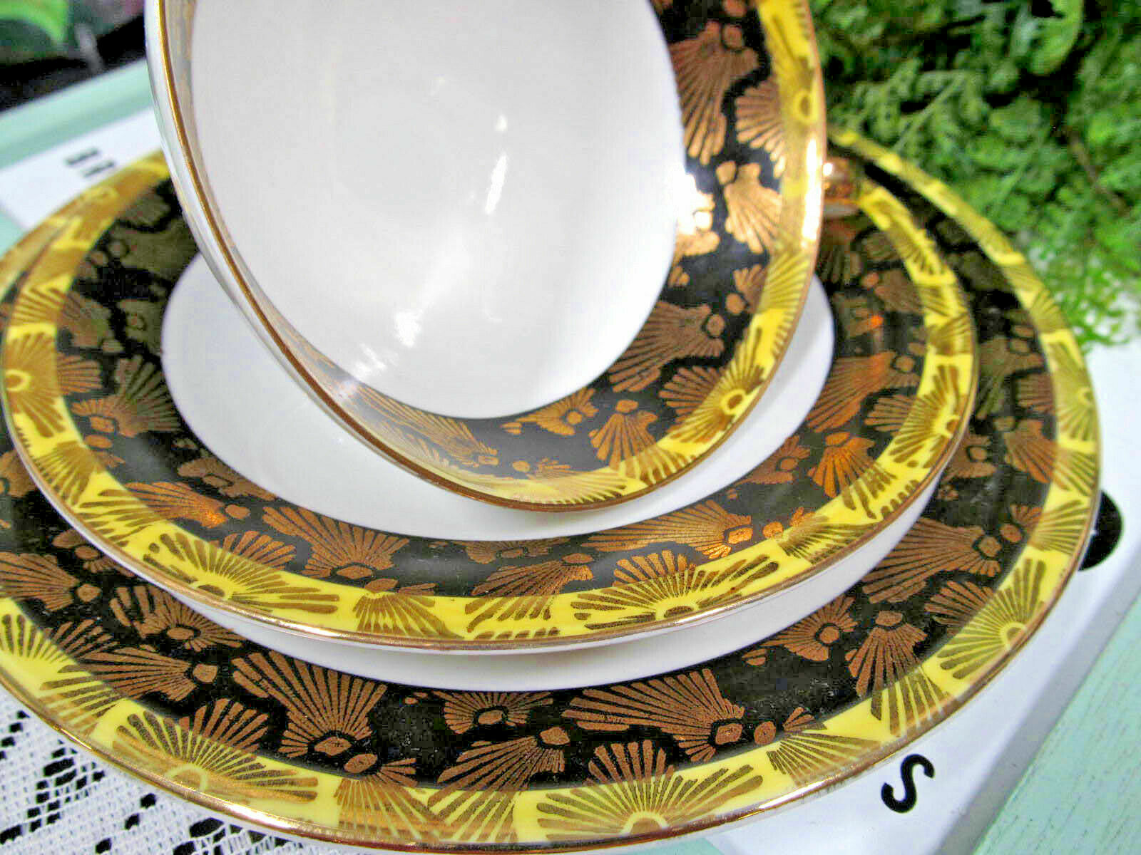 BAVARIA GERMANY tea cup and saucer trio ETCHED gold gilt black band teacup 50   