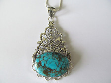 NEW LARGE OVAL TURQUOISE w/PIERCED ETCHINGS PENDANT SILVER SNAKE NECKLACE