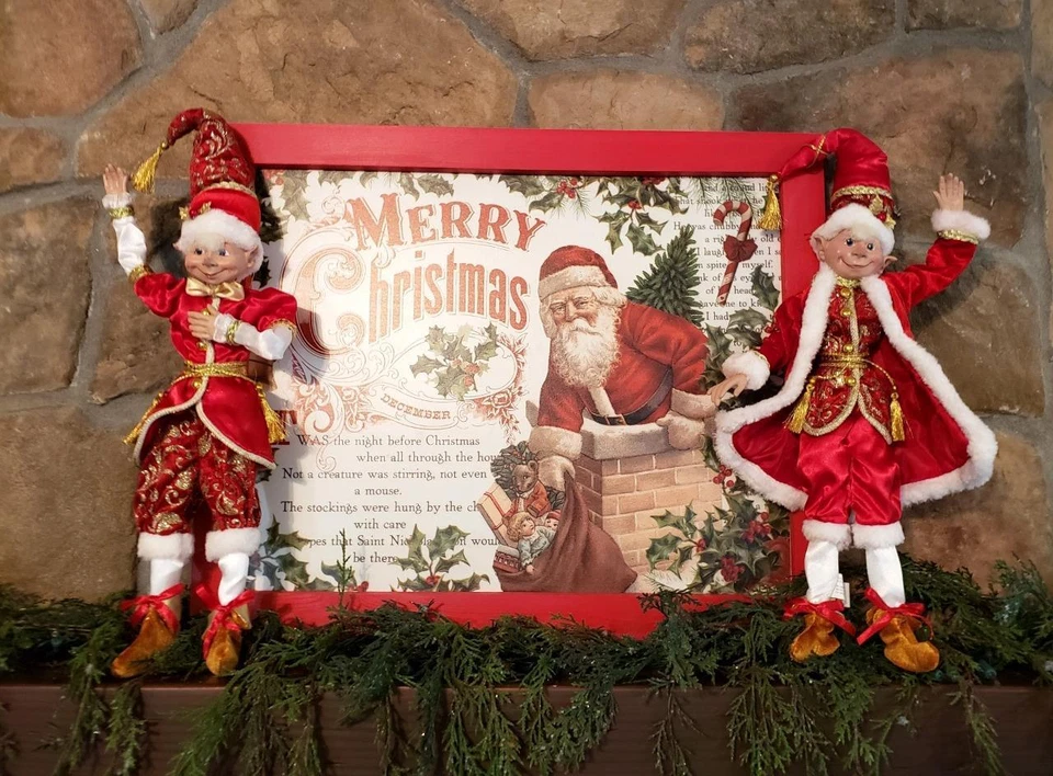 2 Novo com etiquetas 16" RAZ Santa ELF Elfos Vermelho e Dourado NATAL Prateleira Sitter Display Prop - Imagem 3 de 4