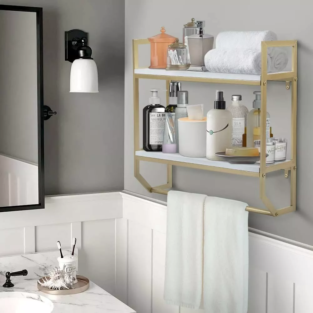 Honey-Can-Do Wall Mounted Bathroom Shelf with Towel Bar and Oval Top Tray, White