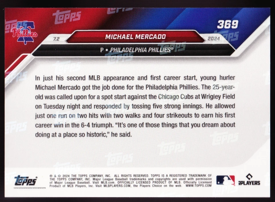 Michael Mercado Phillies First Big League Win v Cubs 2024 Topps Now #369 Red /10 - Image 2 of 2