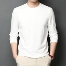 Spring Mens Casual Round Neck Solid Color Silk Long Sleeved T-Shirt Top