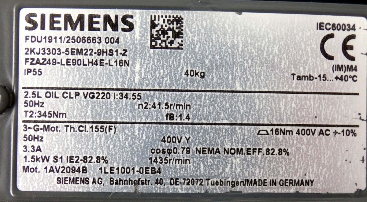 Siemens 2KJ3303-5EM22-9HS1-Z Getriebemotor 1 5kW 3 3A 1435rpm i 34