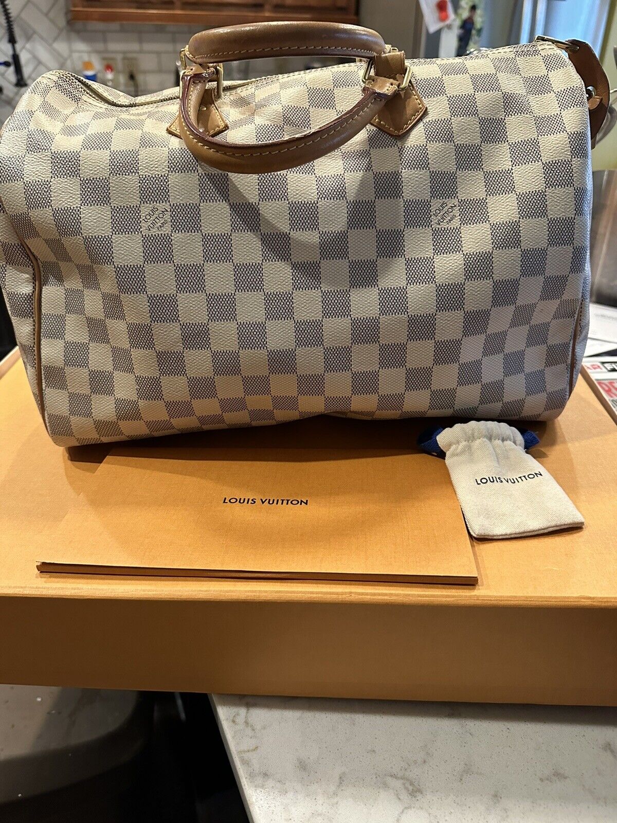 Louis Vuitton Speedy 35 Damier Azur canvas with lock and key