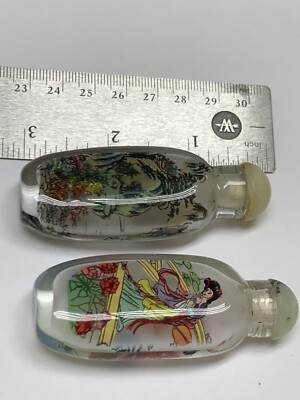 2) Antique Chinese Hand-painted Glass Snuff Bottles Stunning Pair