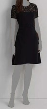 Lauren Ralph Lauren Women's Black Georgette Lace-Trim Belted Dress Size 16