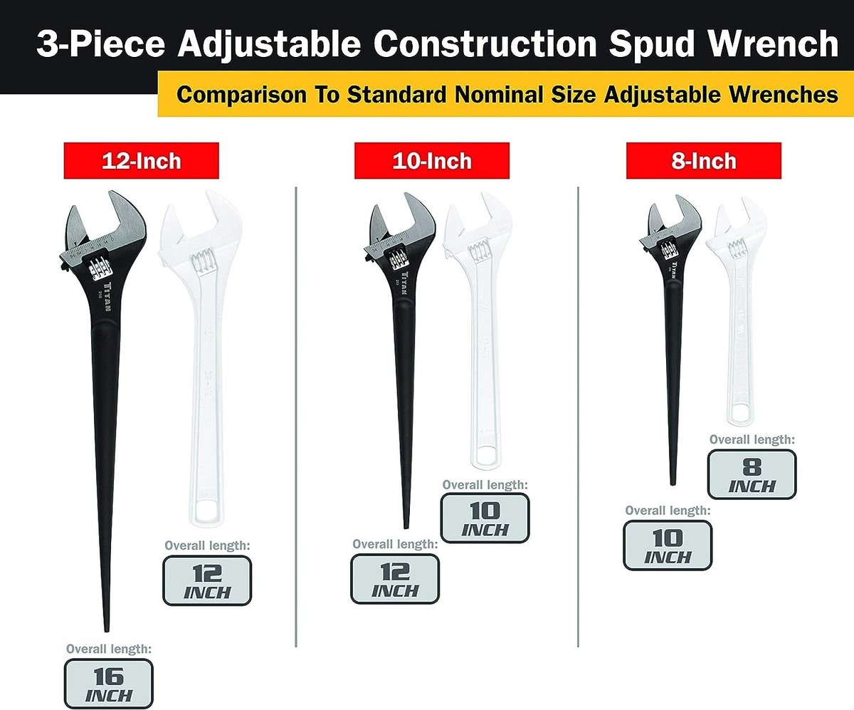 Titan 223 3pc Adjustable Construction Spud Wrench Set - 10", 12", 16" - SAE, Lifetime Warranty