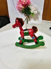 Vintage Wooden Christmas Ornament Rocking Horse Red  Green w/ Brown