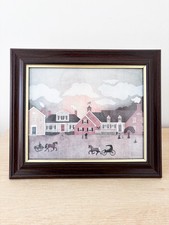 Barbara A. Palmer Horse and Cart Folk Print Signed Brown Wood Frame Gold Trim