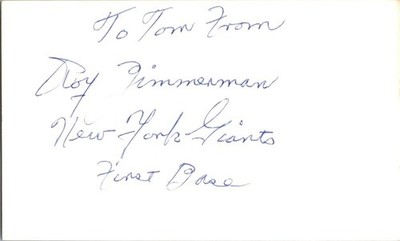-Roy Zimmerman- (d.1991) Signed/Autograph/Auto Index Card San Francisco Giants