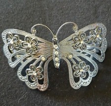 Large Butterfly Hair Barrette Rhinestone Silver Tone Vintage Filigree 3 Inches