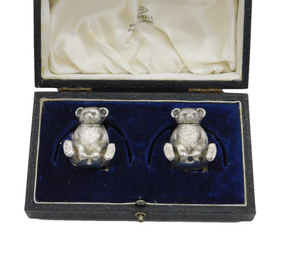 Edwardian Pair of Sterling Silver Teddy Bear Pepper Shakers Antique Birmingham