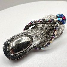 Vintage 90s Flip Flop Brooch Silver Tone Aurora Borealis Glass Sandal Pin Retro