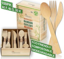 100 Bamboo Heavy Duty Disposable Cutlery 100PK:40 Fork 40 Spoon 20 Knife Eco