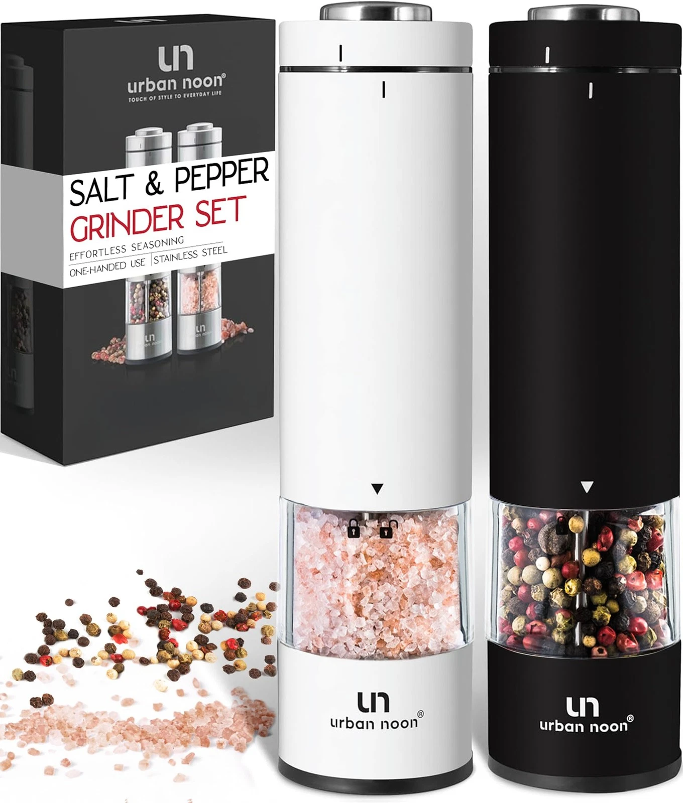 Electric Salt and Pepper Grinder Set (2 Mills, 8.1" Tall) - One-Handed Push-B...