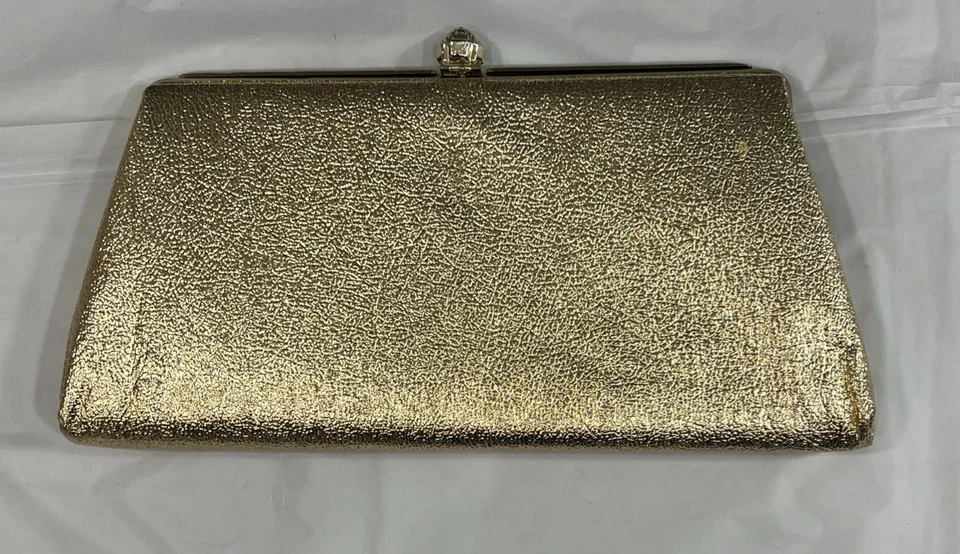 Vintage 60s Handbag Purse Clutch Bag Gold Evening Party Bag Flower Snap Closure - Image 4 of 4