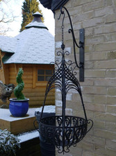 Large Black Rustic Metal Fancy Ornate Hanging Basket Planter Flower Plant Pot
