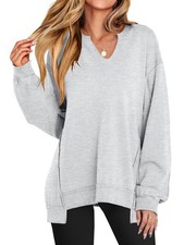 ANRABESS Women's Grey Oversized Sweatshirts Long Sleeve Tunic Shirts V Neck M