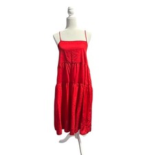 ENZA COSTA Cotton Strappy Tiered Midi Dress in Tomato, Sz 0 XS 