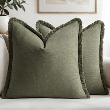 Linen Fringe Decorative Euro Throw Pillow Covers Olive Green 24X24
