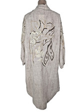 NWT Embroidered Long Kimono Duster Beige Open Front Sequin Boho Peasant