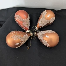 Christmas Tear Drop Bronze Ornaments Decor Set Of 4 Lace-Like Applique Glitter