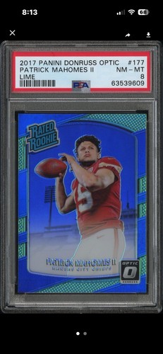2017 Panini Donruss Optic Patrick Mahomes Rated Rookie Lime Prizm RC PSA 8