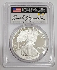 2023-W PCGS PR70DCAM Silver Eagle T-2 Advanced Release Damstra Signed