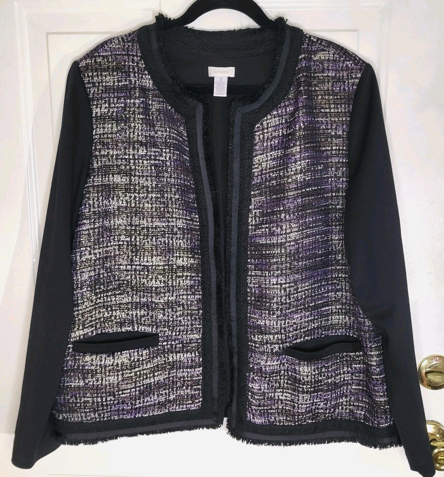 CHICOS Size 3 US 16 Black Purple Metallic Tweed Open Front Blazer Jacket