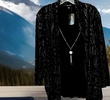 Notations Top L Black Sparkle Velveteen Stretch Knit 2-Fer Shirt & Necklace NWT