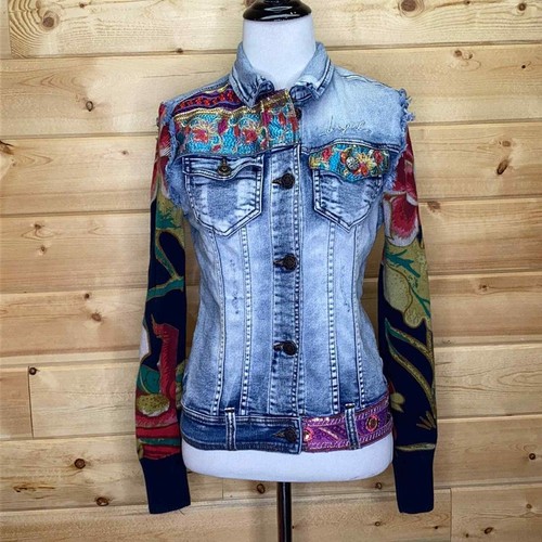 Desigual Chaq etnica tessuti, Lucille Patchwork Boho Chic Giacca di Jeans  36/XS | eBay