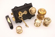 Victorian Cast Iron Davenport Rim Sash Lock with Choice of Brass Door Knobs Pair