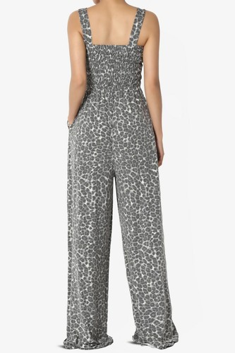 TheMogan S~3X TALL Leopard Print Wide Strap Smocked Cami Wide Leg Long Jumpsuit - Picture 14 of 17